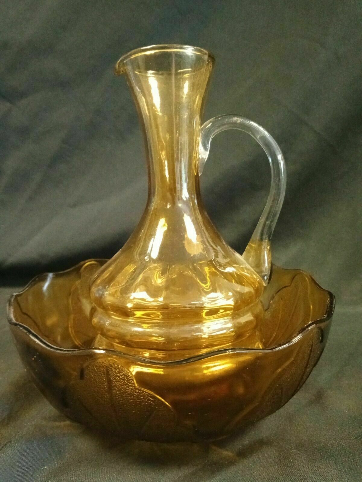 Vintage Large Amber glass bowl and Jug Stamped England - (7973)