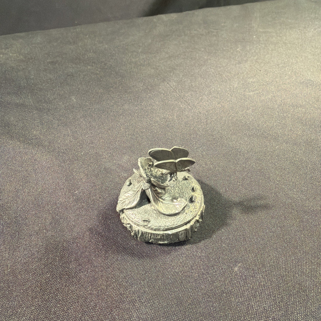 Woodsetton by R. Rice Small Pewter Pill Box Butterfly Flower and bark base 1980's - (1974)