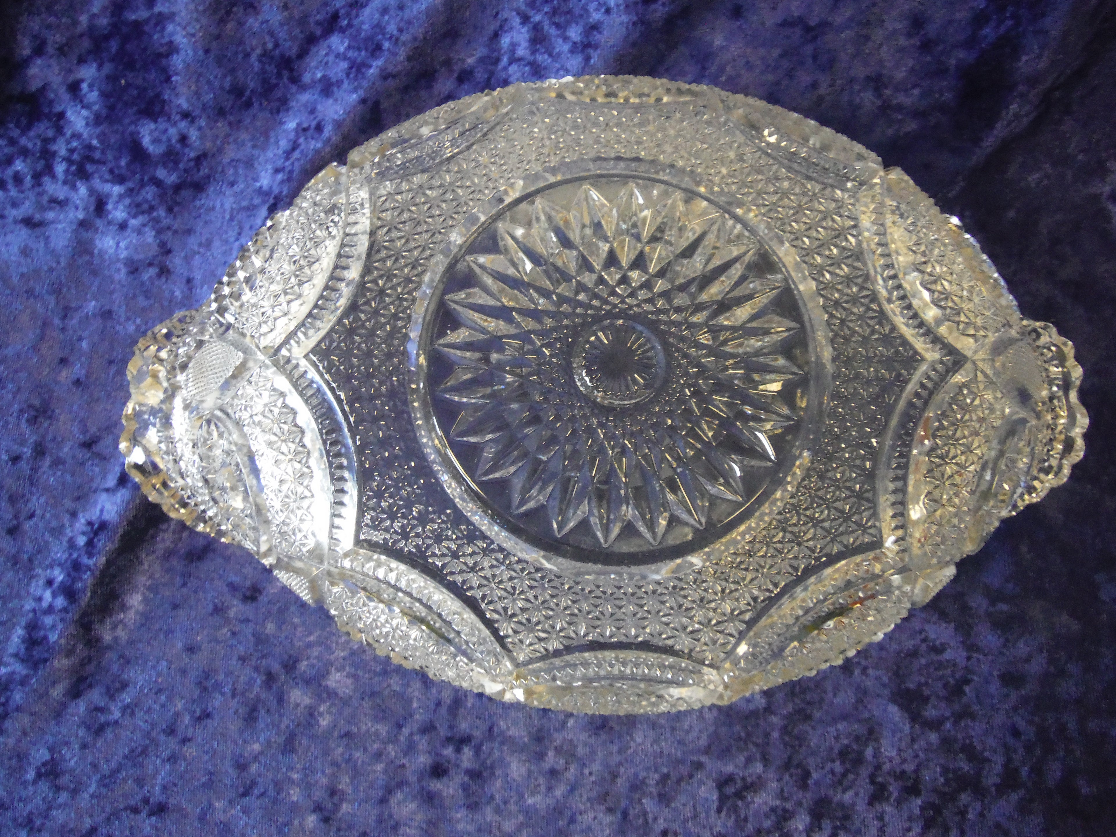 Antique Oblong Bowl Cut Glass saw tooth edge overlapping circles brilliant cut - (2986)