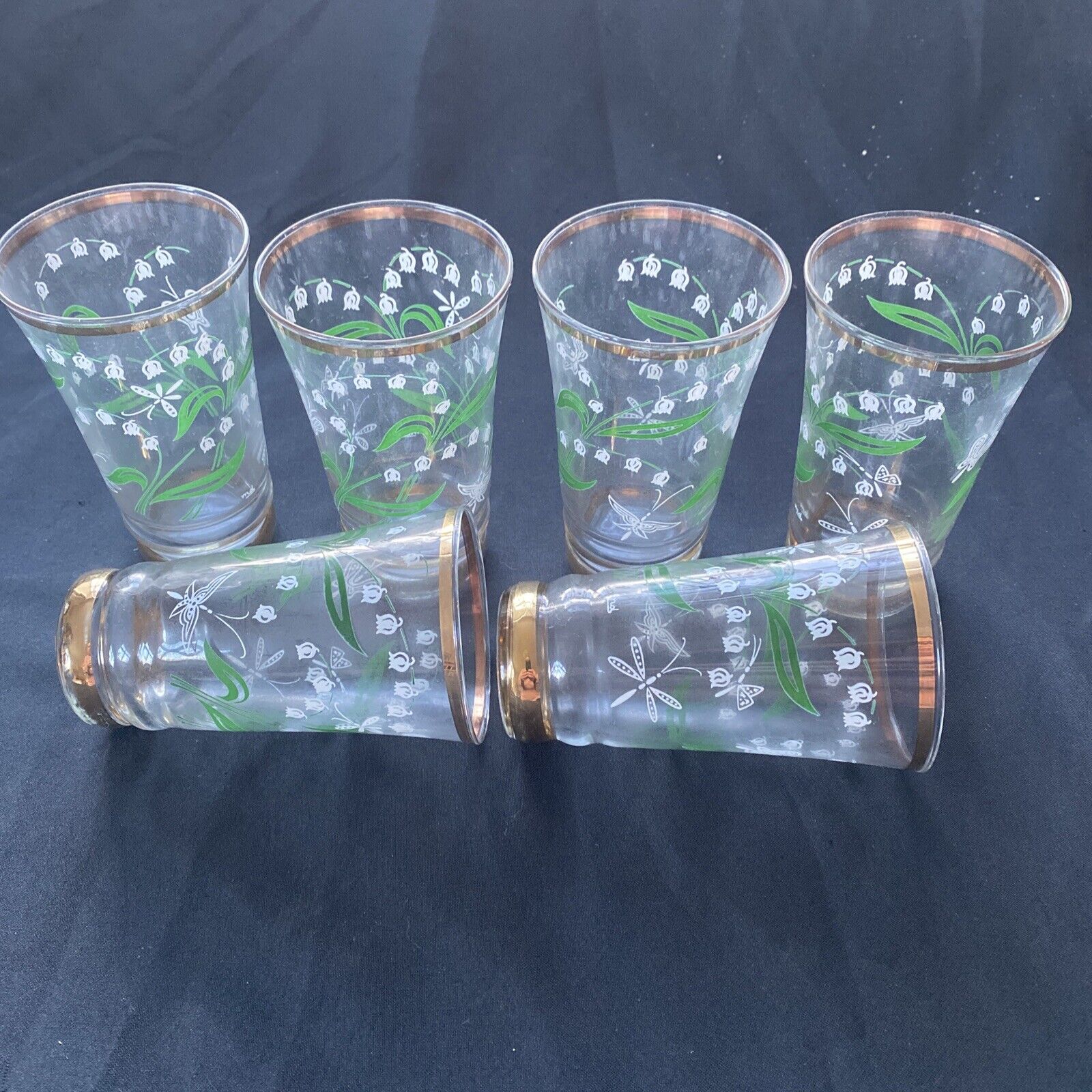 Vintage 1940's glass set with gilt edges and floral print x 6 - (9616)