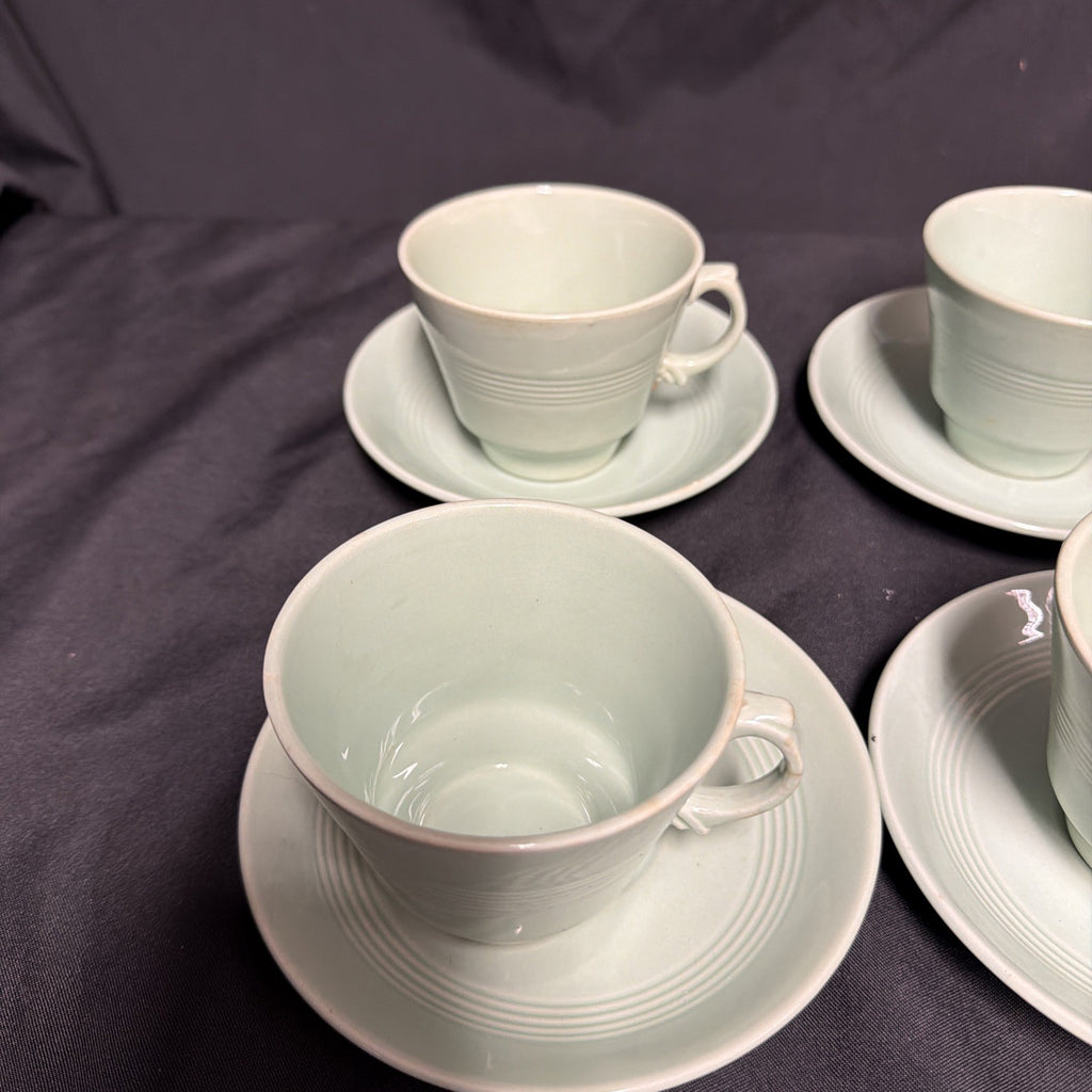 Wood's Ware Beryl Utility Green 1940's Ceramic Tea Cup & saucer x 4 - (1918) 