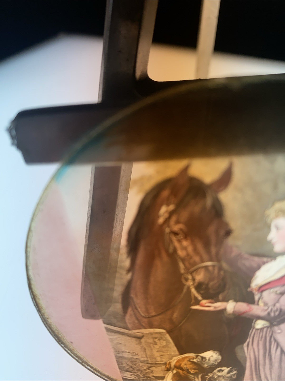 Magic Lantern Victorian Glass Round Handpainted Slide Lady, Horse, Dogs (1152)