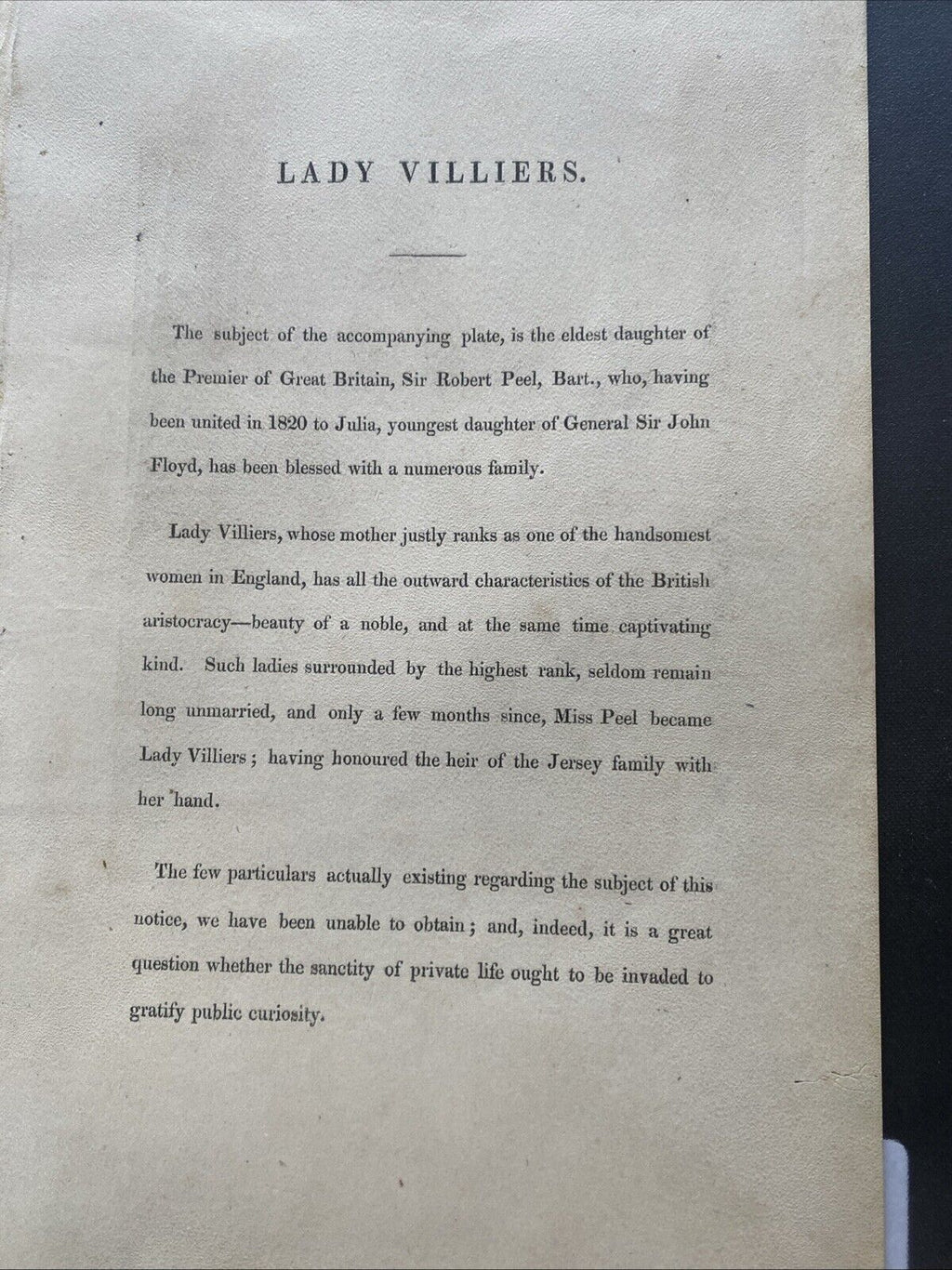 Victorian Regency London Engraving Lady Villiers (Robert Peel) 1841 - (5298)