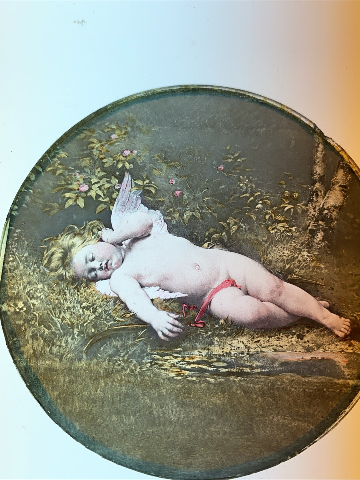 Magic Lantern Victorian Glass Round Handpainted Slide Sleeping Cherub (1134)