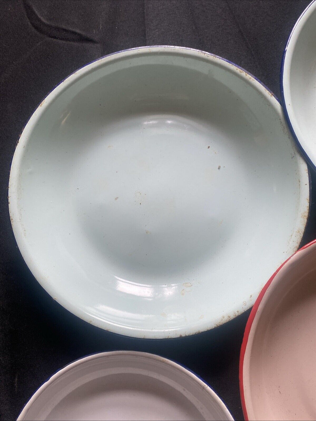 Chinese Enamelware Bumper Harvest 5 x Plates / Bowls Pink Blue White (5874)