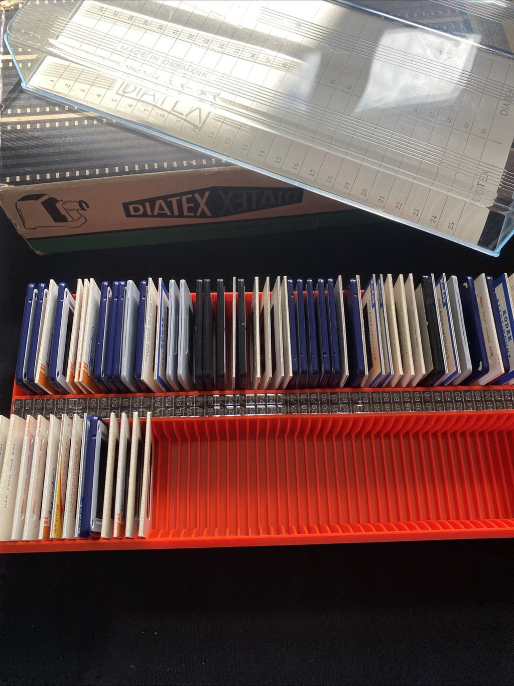 1960's Diatex 35mm Slide storage box 100 spaces + 63 scenic slides - 5493