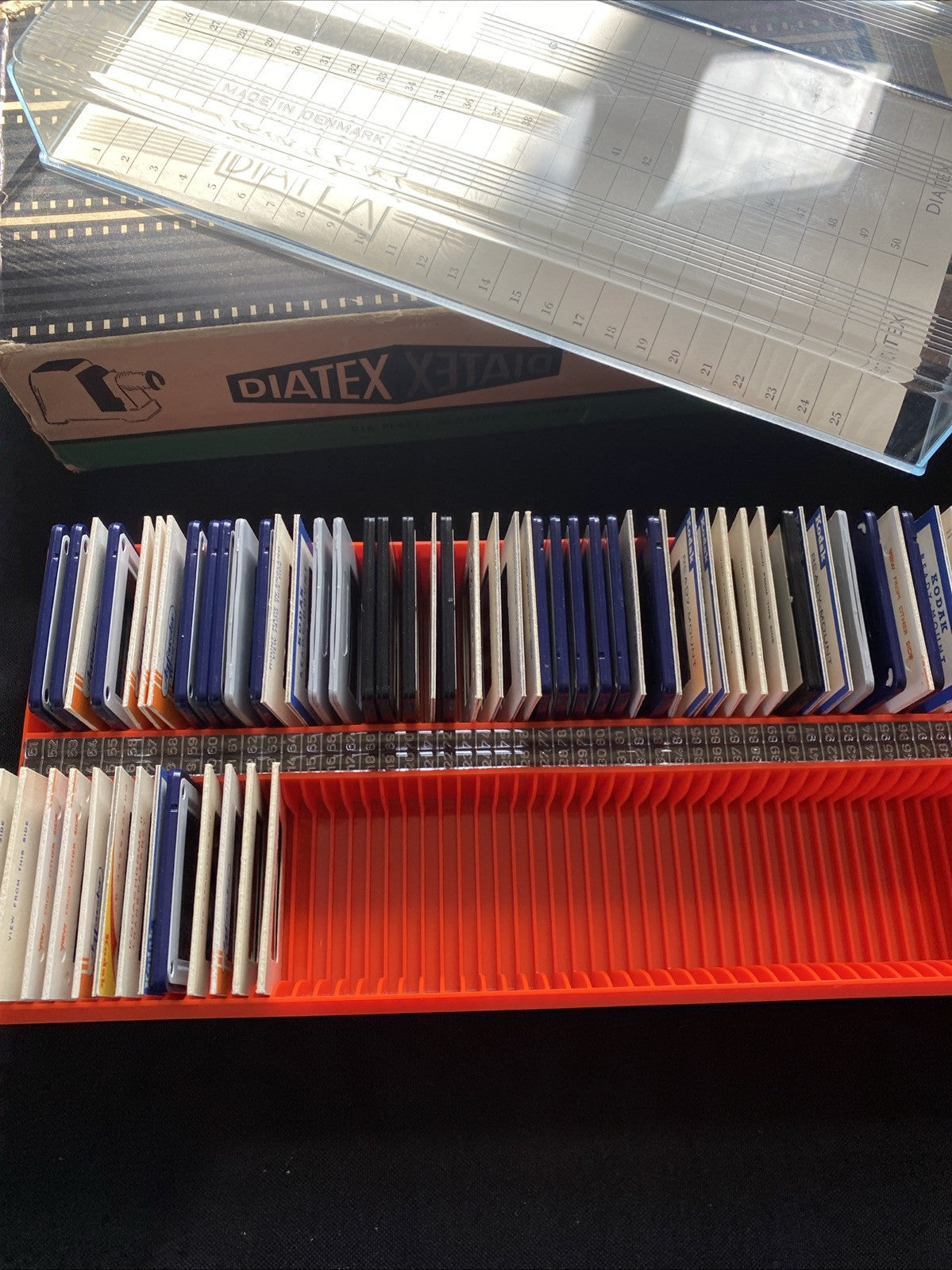 1960's Diatex 35mm Slide storage box 100 spaces + 63 scenic slides - 5493