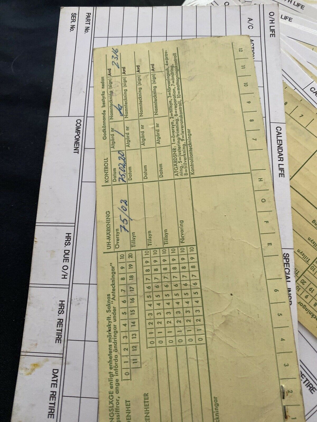 SAAB Factory Aircraft engines inspection Log Cards x 82 Collectable - 1970's - (6496)
