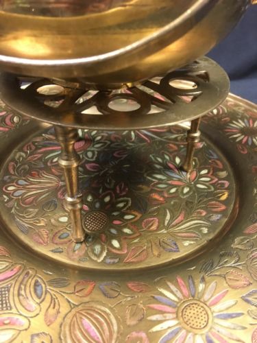 Antique brass tray hand coloured design and brass kettle + Trivet - (2790)