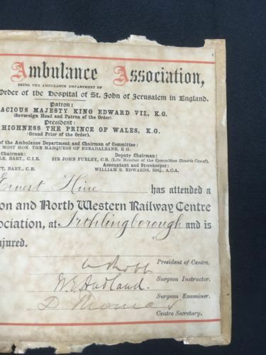 St. John Ambulance First Aid to the Injured certificate London 1906 - (6631)