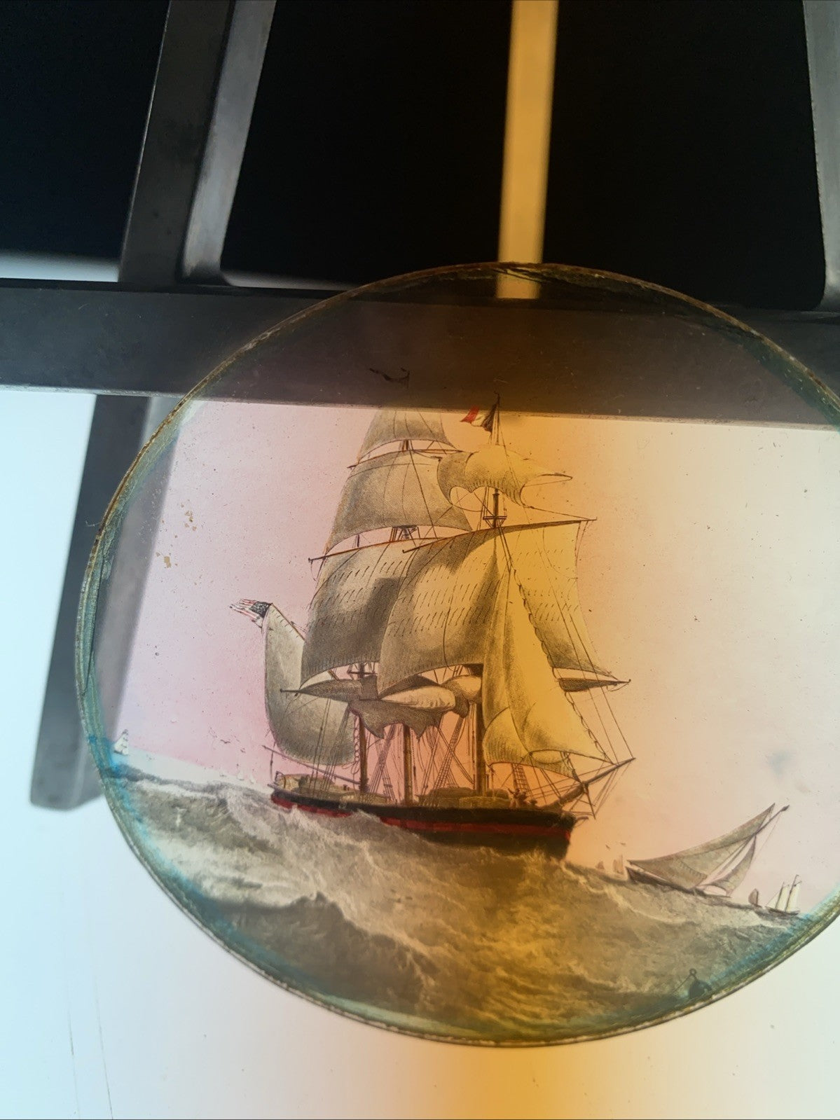 Magic Lantern Victorian Glass Round Handpainted Slide Ships at Sea - (1090)