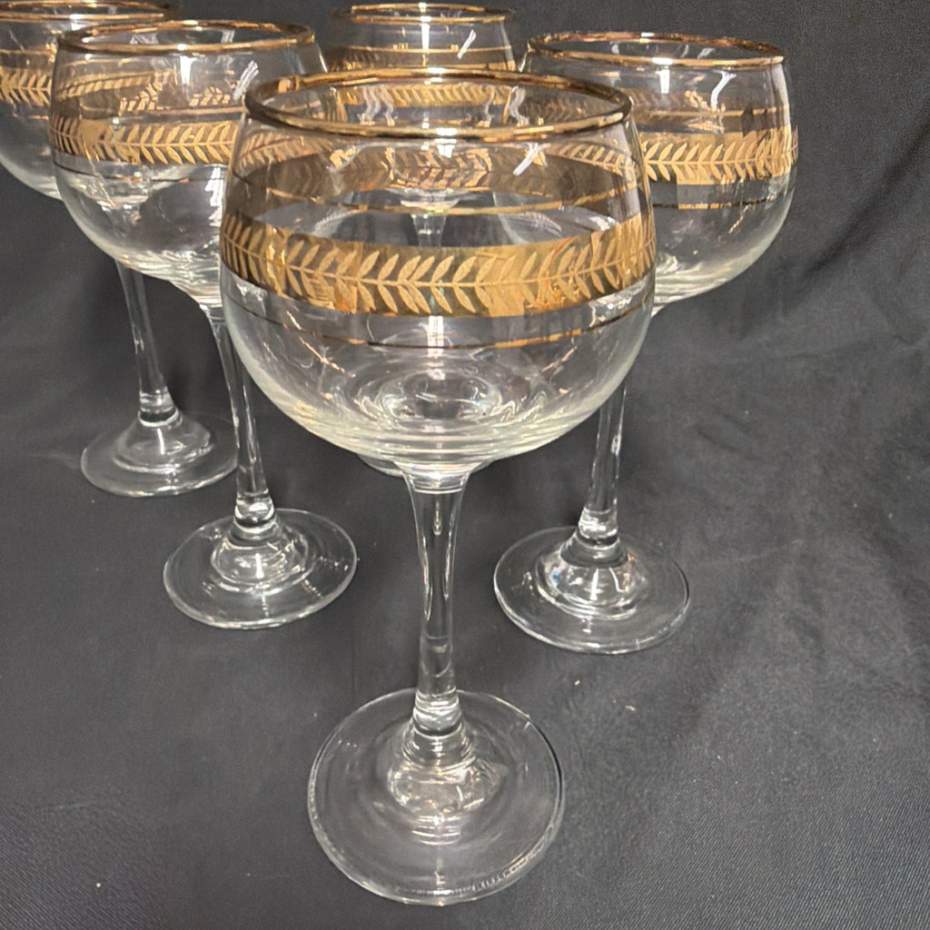 Vintage Hock Wine Goblets Glasses Gold Laurel Pattern Long Stem x 5 - (1842)