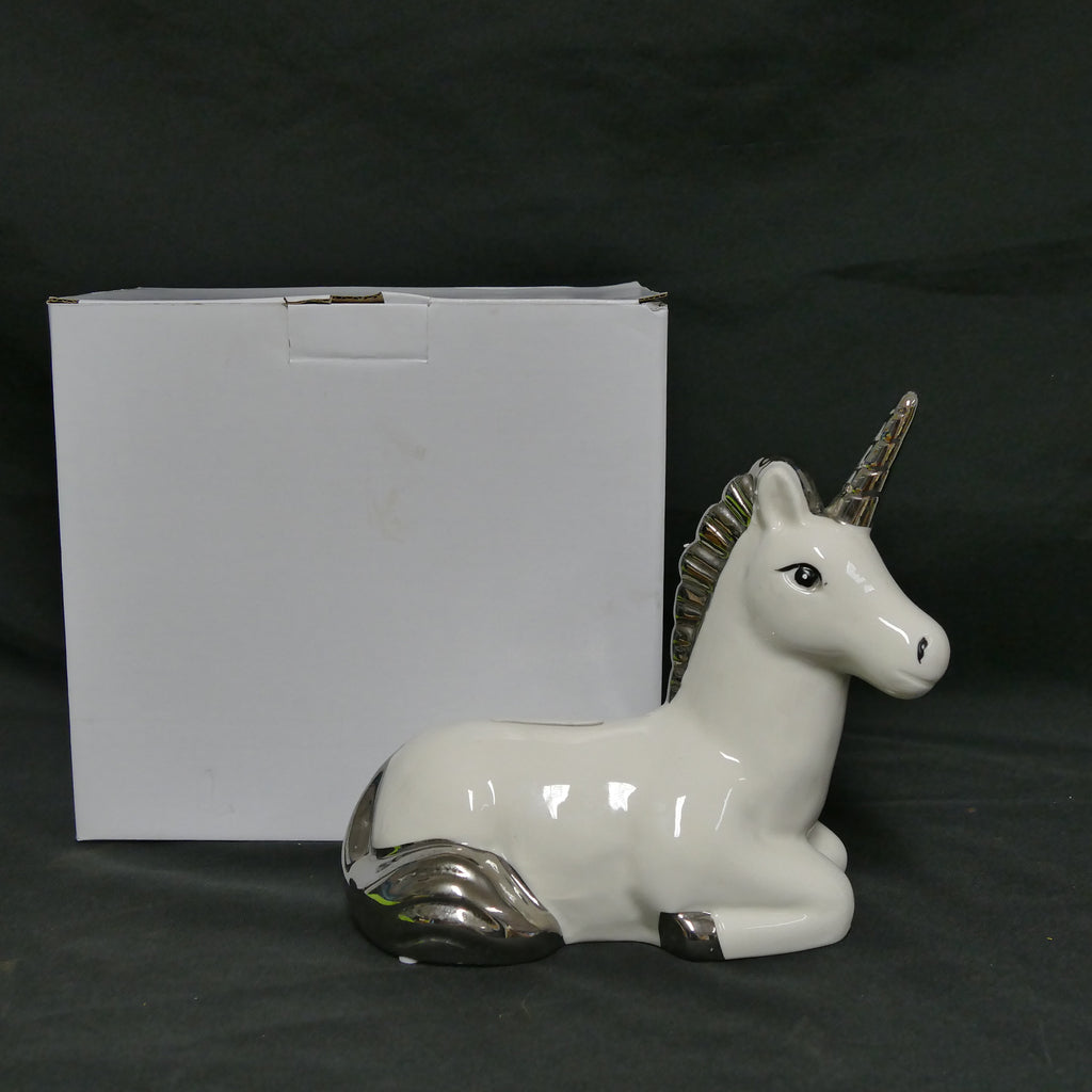 Christening Unicorn Ceramic Money Box Silver Plated Gift CLEARANCE