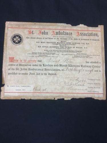 St. John Ambulance First Aid to the Injured certificate London 1906 - (6631)