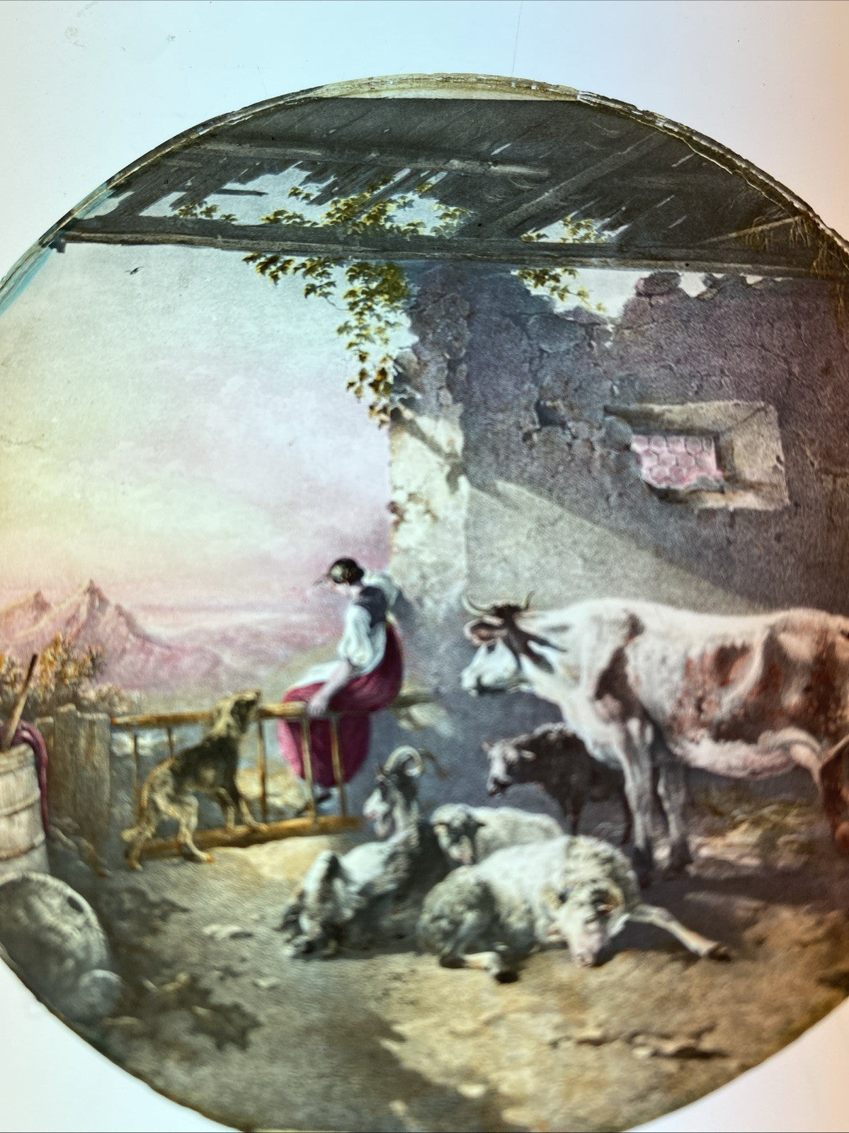 Magic Lantern Victorian Glass Round Handpainted Slide Girl & Farmyard (1133)