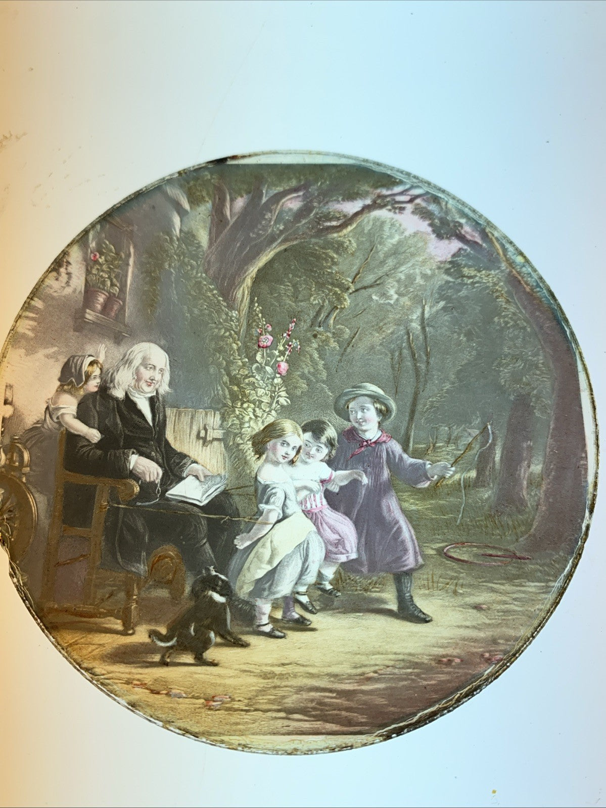 Magic Lantern Victorian Glass Round Handpainted Slide Children Playing (1135)