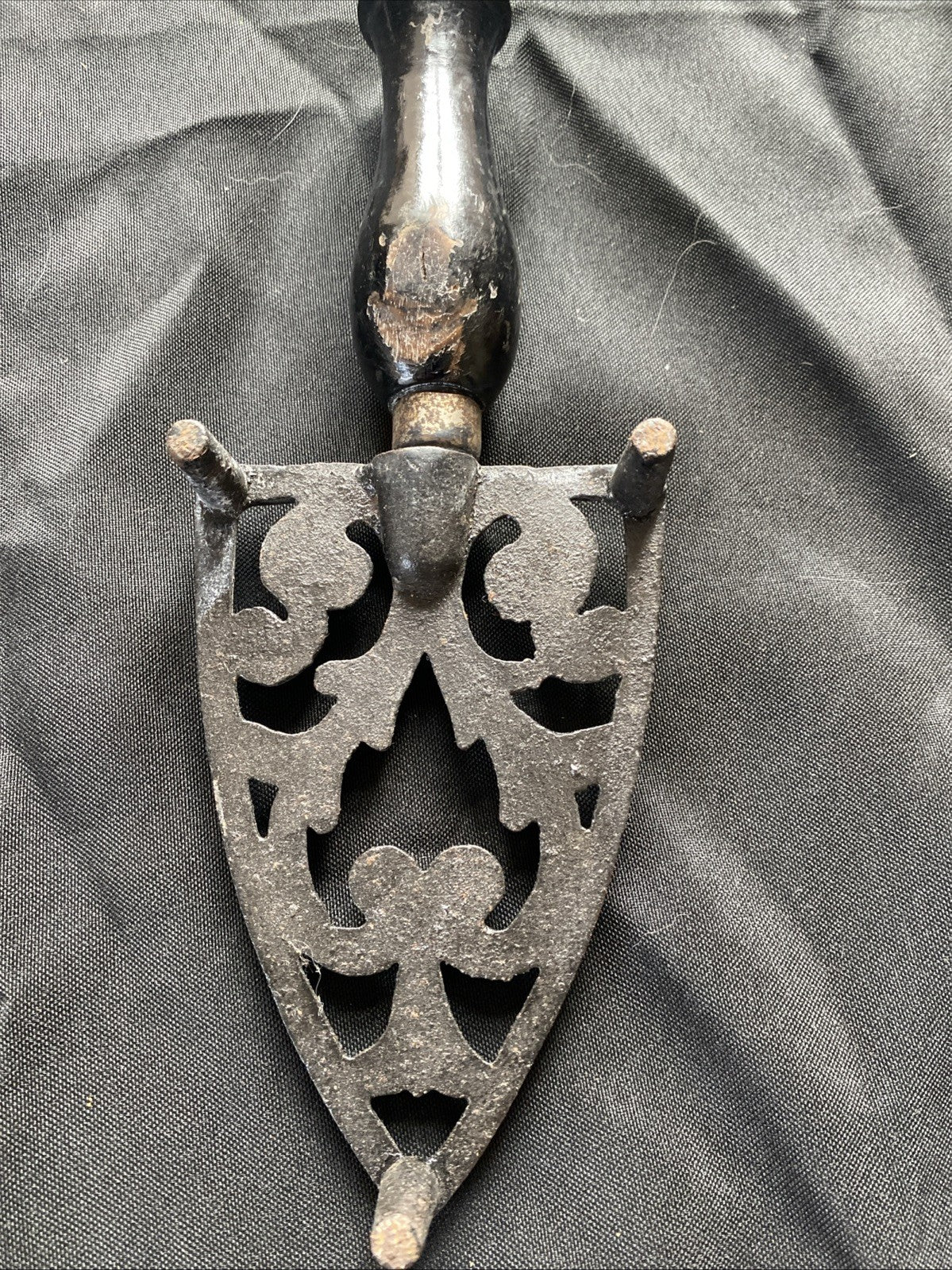 Antique Cast Iron Flat Clothes Iron Trivet - Wooden Handle Rare - (1196)