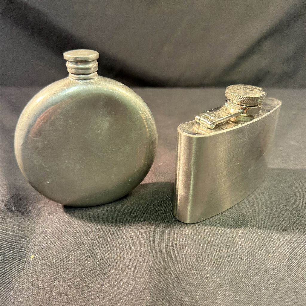Vintage Hip Flasks 1 x Pewter round and 1 x Steel Kidney Shape - (2029)