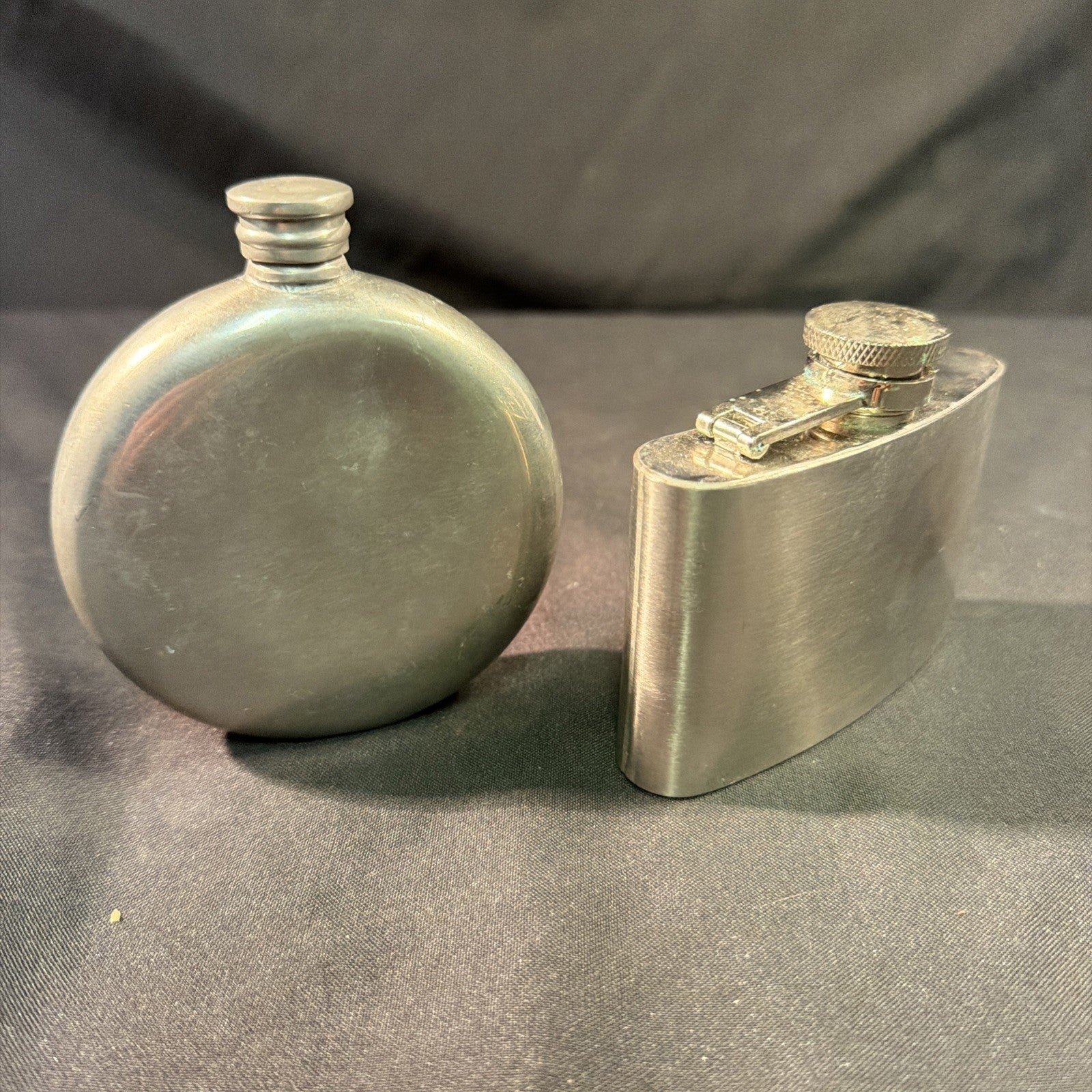 Vintage Hip Flasks 1 x Pewter round and 1 x Steel Kidney Shape - (2029)
