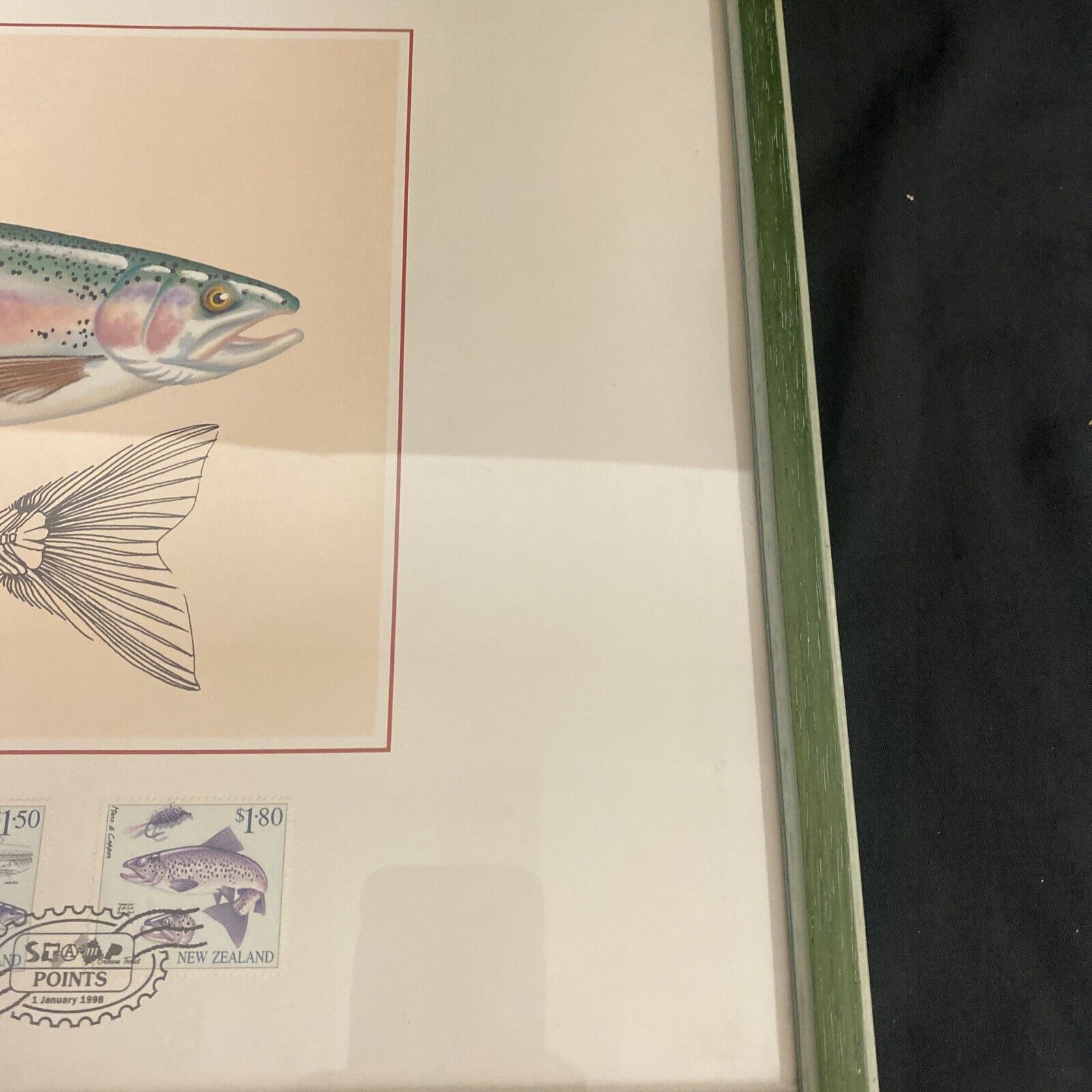 Framed and glazed New Zealand Fly Fishing Genuine Stamps 1st Jan 1988 -(9114)