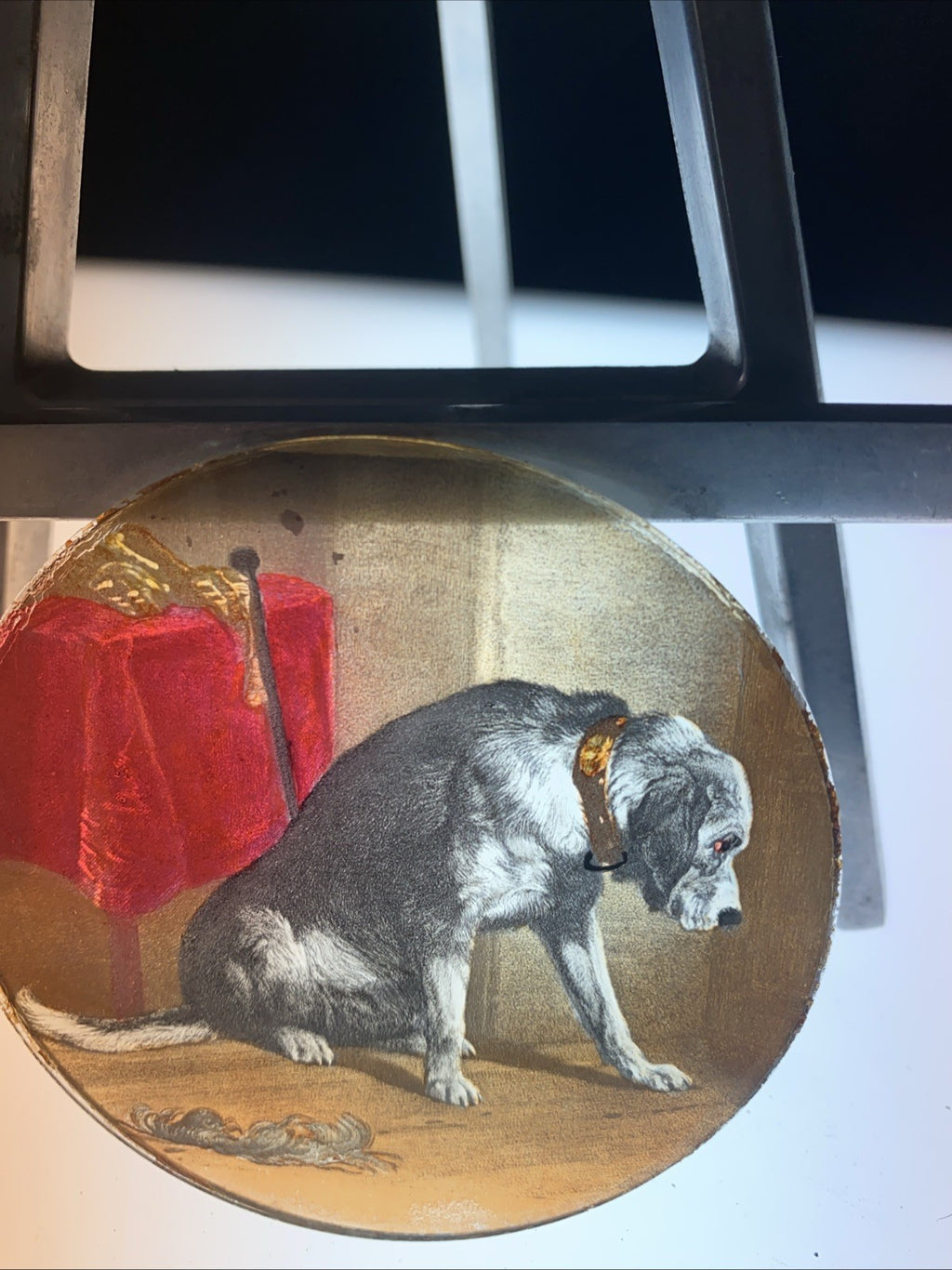 Magic Lantern Victorian Glass Round Handpainted Slide Big hairy dog (1114)