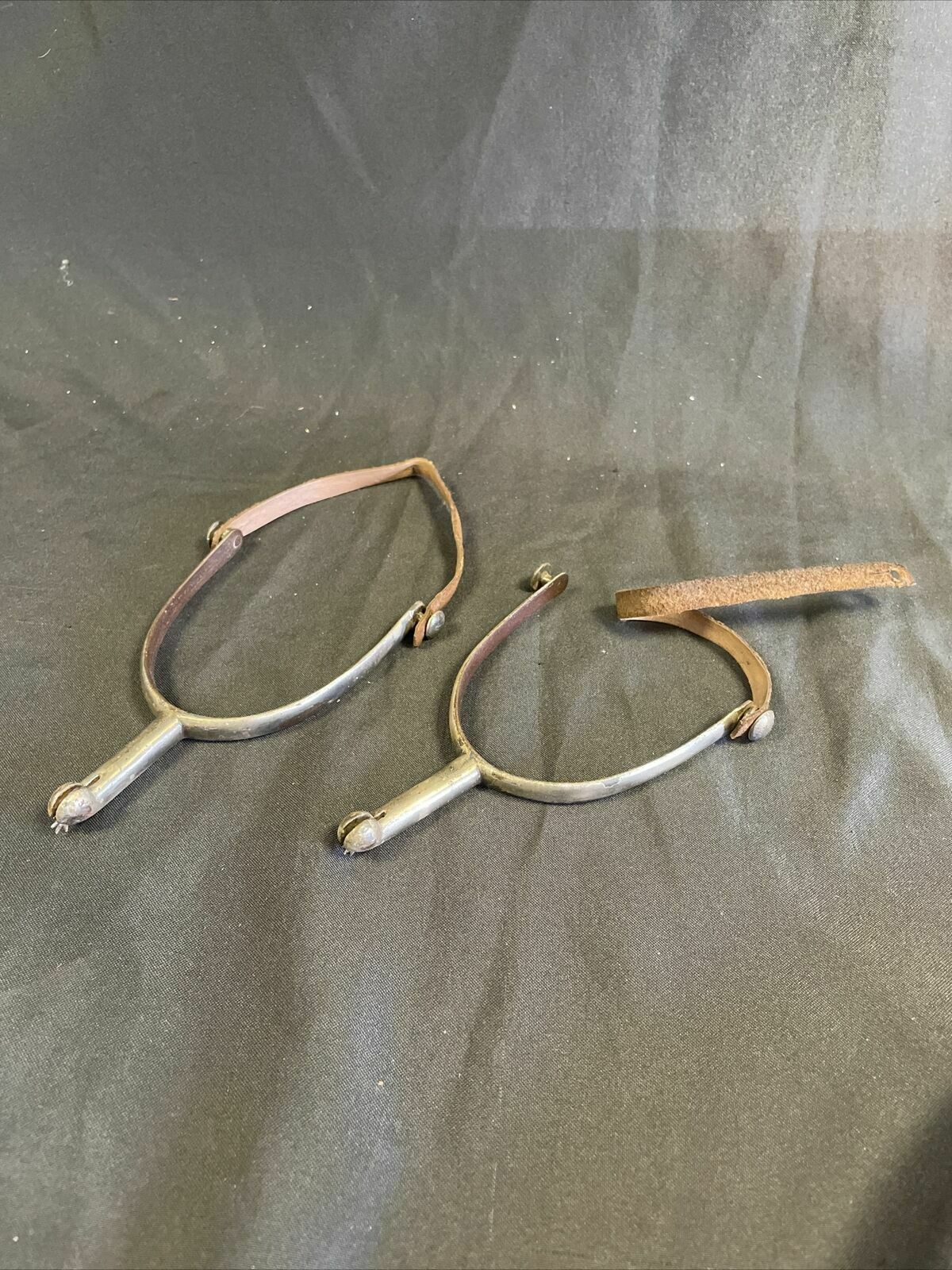 Antique Nickel Military Hunting Spurs sharp with leather straps WW1? - (8275)
