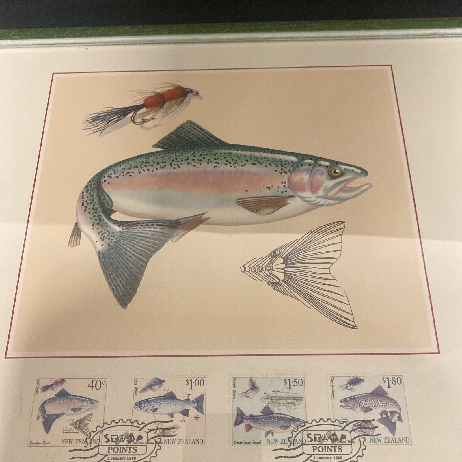 Framed and glazed New Zealand Fly Fishing Genuine Stamps 1st Jan 1988 -(9114)