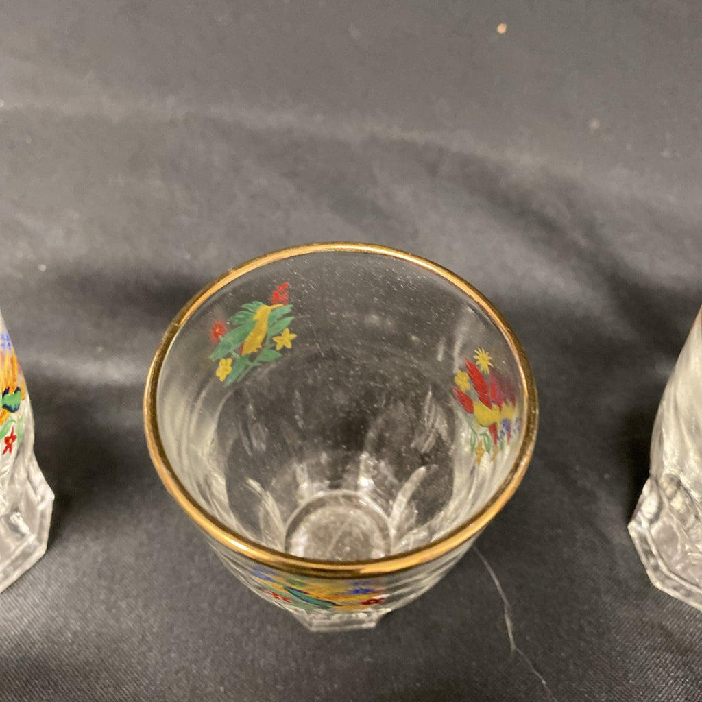 6 x Vintage 1950's Claymer Glasses Glass shot liqueur parrots design with REG mark (1482)