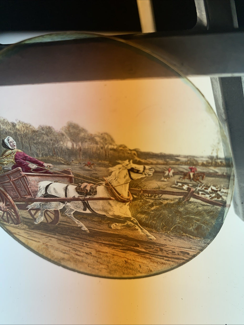 Magic Lantern Victorian Glass Round Handpainted Slide The hunt & the cart (1109)