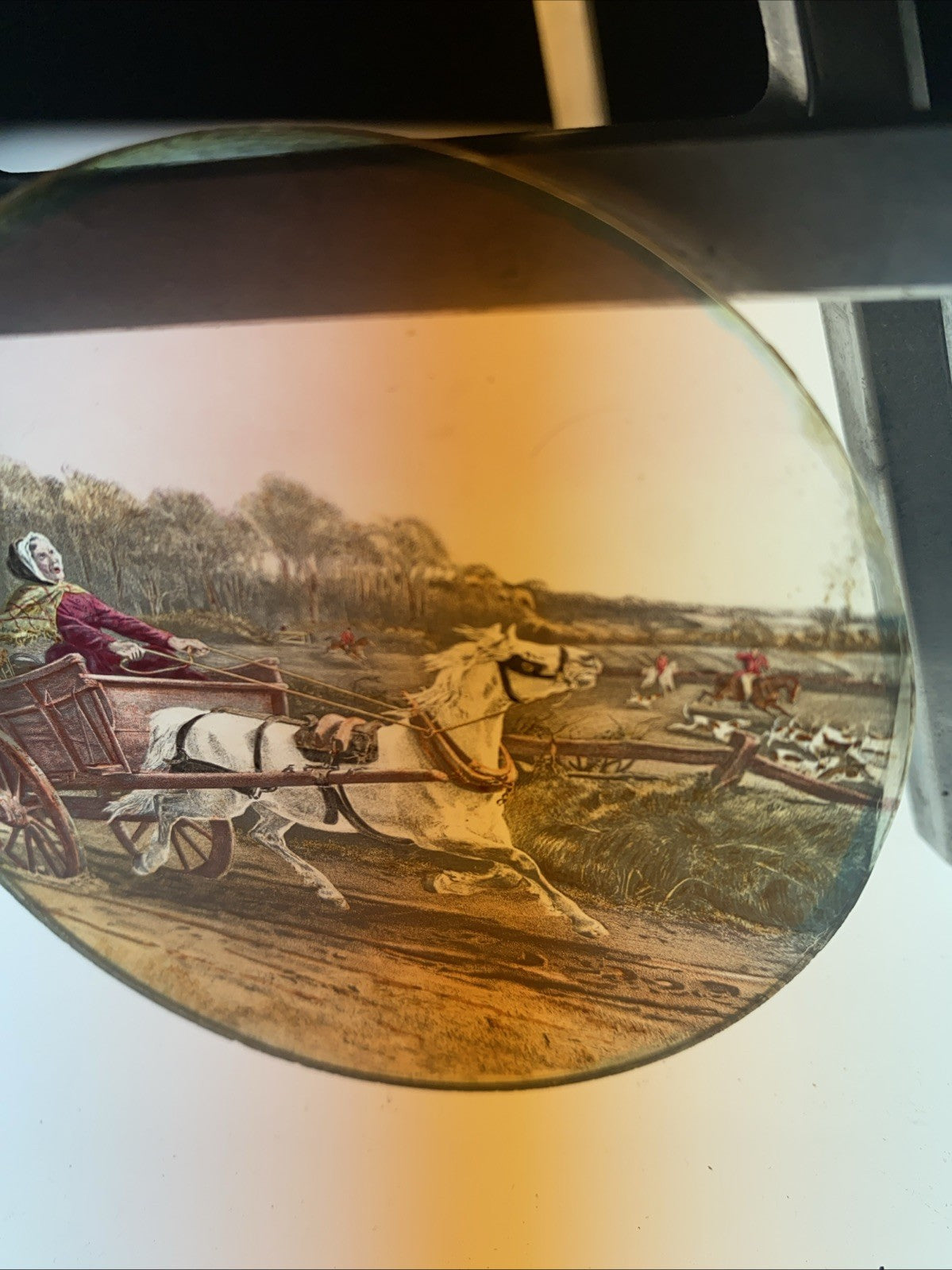 Magic Lantern Victorian Glass Round Handpainted Slide The hunt & the cart (1109)