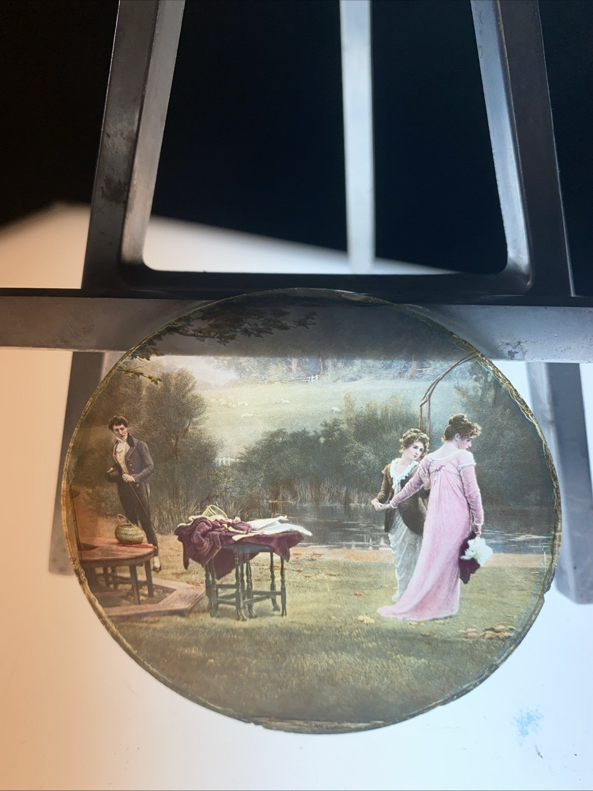 Magic Lantern Victorian Glass Round Handpainted Slide Spring by the lake (1104)