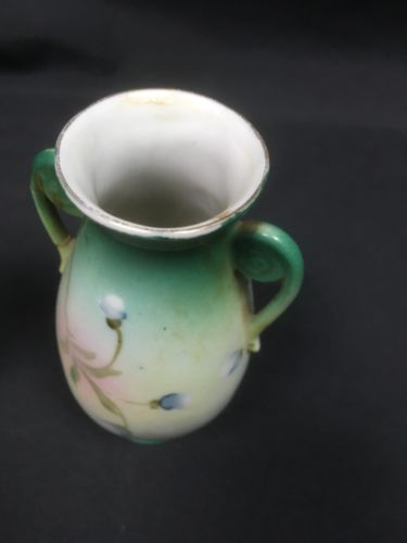 Japan bud vases pair vintage hand painted 11cm high green floral - (6686