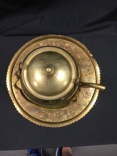 Antique brass tray hand coloured design and brass kettle + Trivet - (2790)