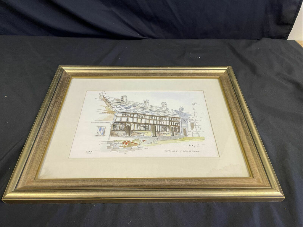 Vintage print by M.K.R 1992 watercolour of Cottages at Cerine Abbas - (8143)