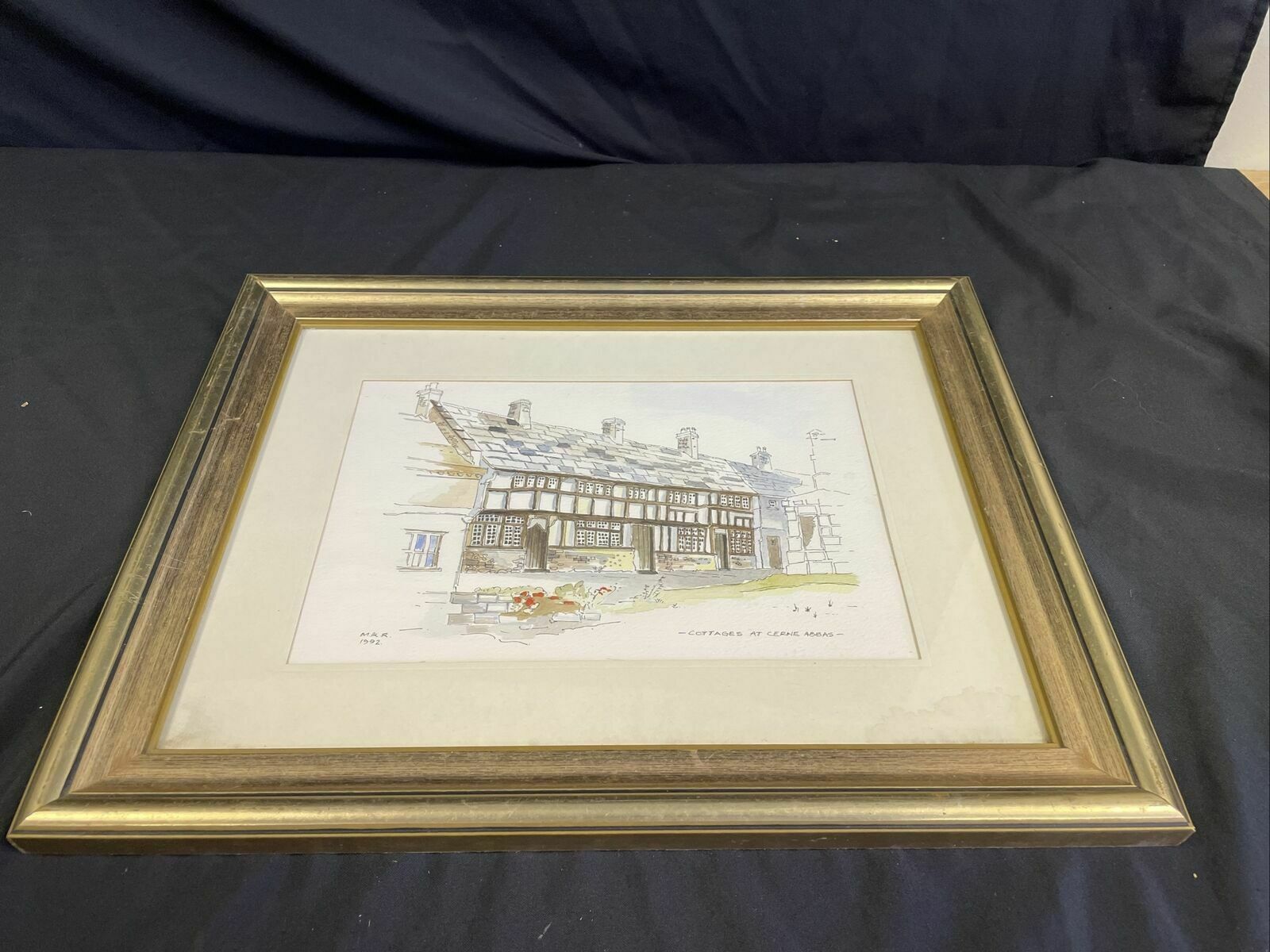 Vintage print by M.K.R 1992 watercolour of Cottages at Cerine Abbas - (8143)