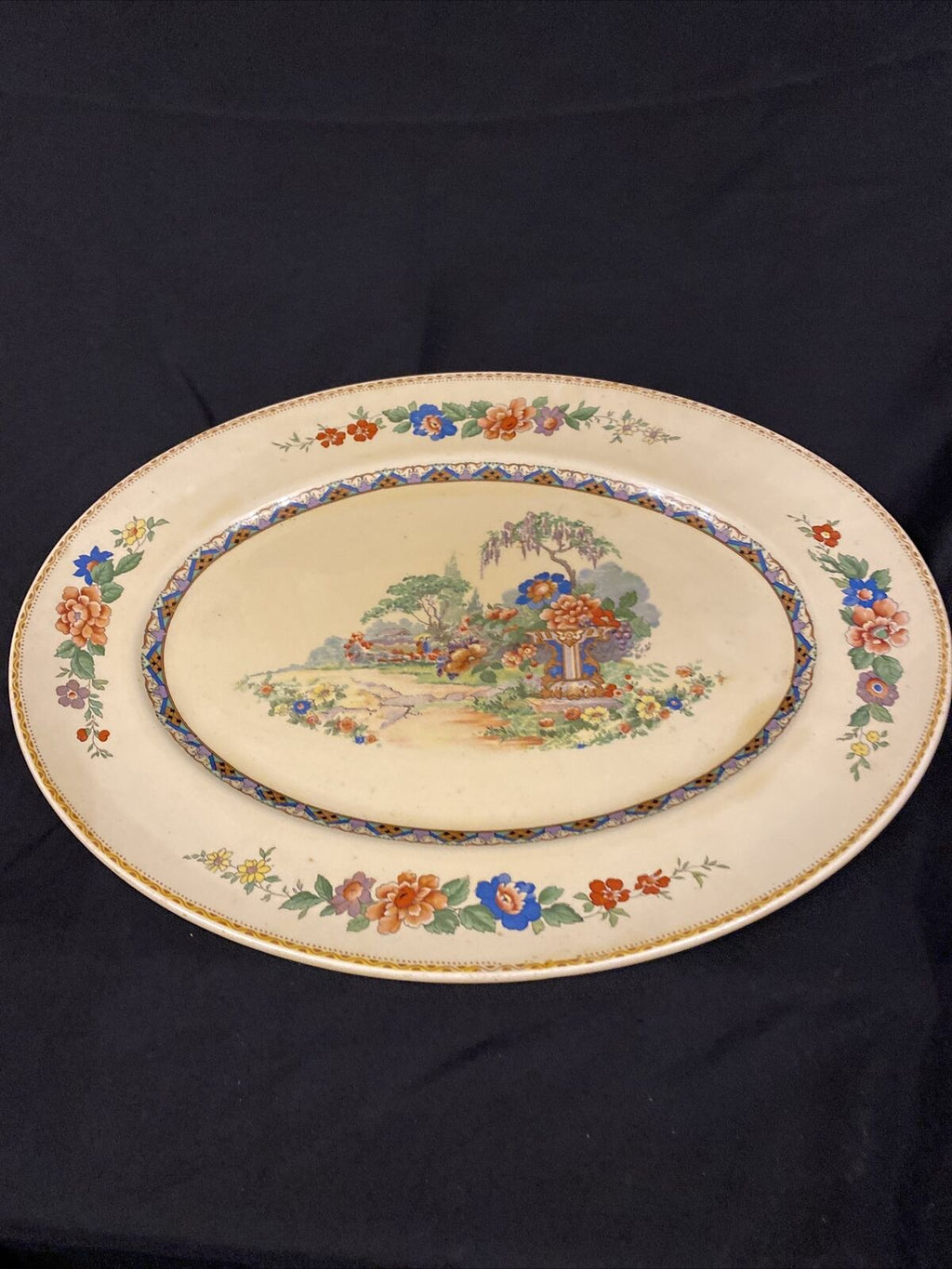 Vintage Myott Son & CO Large Oval Platter Yellow with Japanese Garden - (8558)