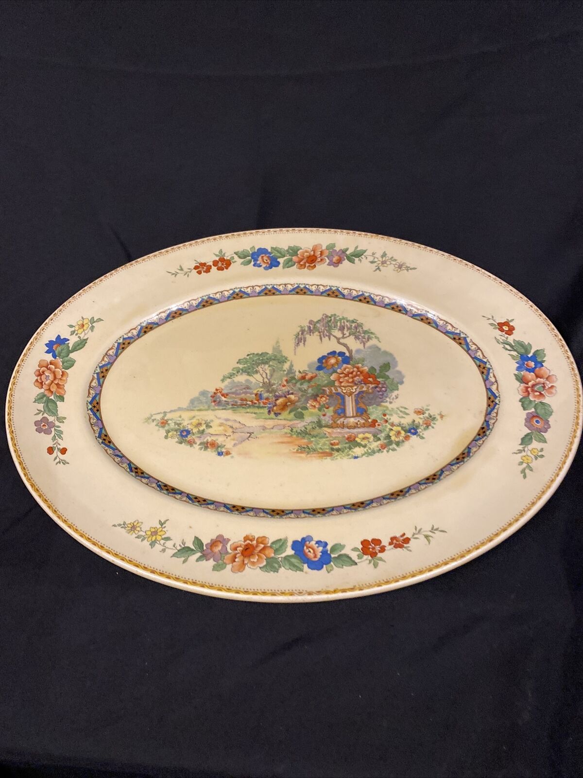 Vintage Myott Son & CO Large Oval Platter Yellow with Japanese Garden - (8558)