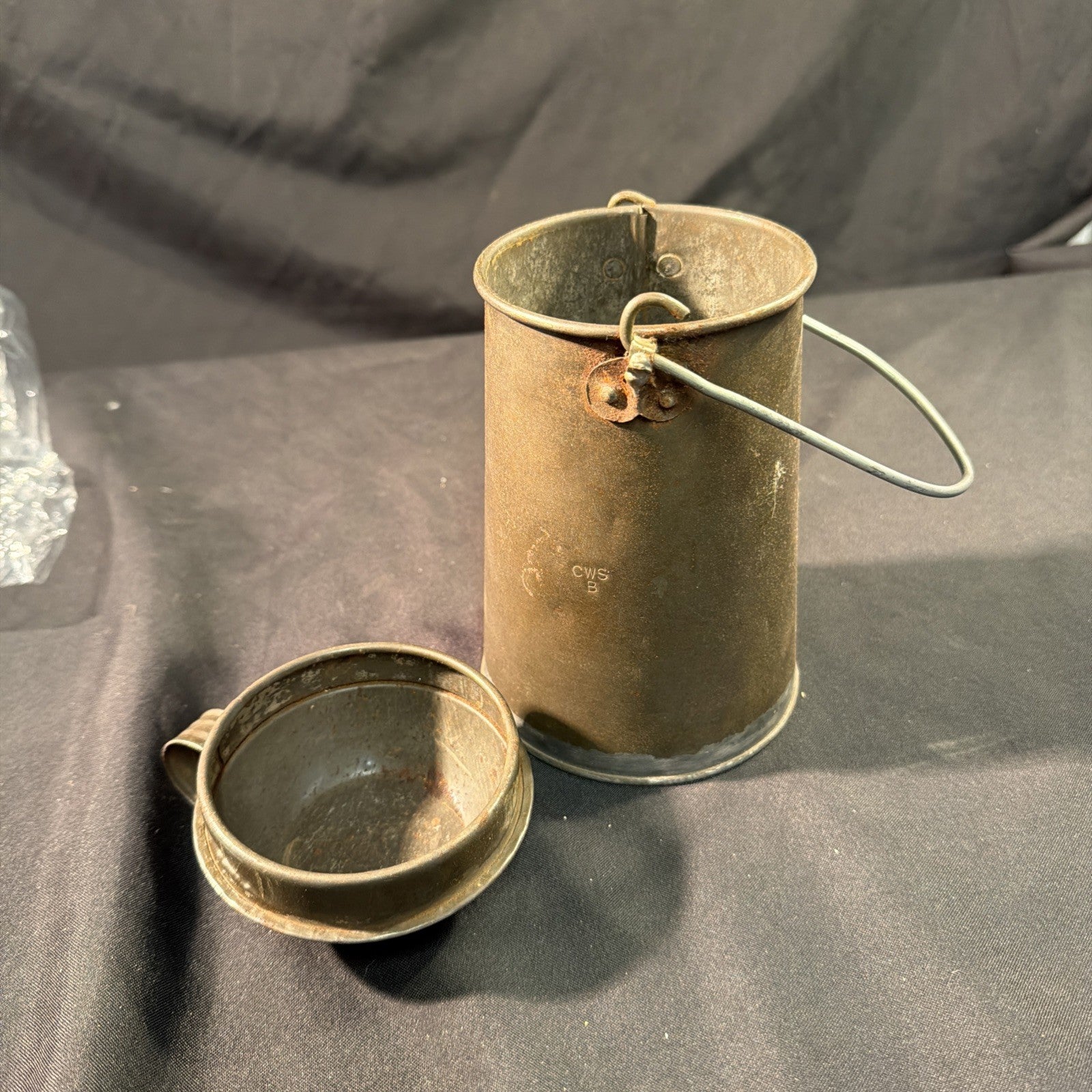 World War Era or Miners Antique Tin Plated Billy Can with Swing Handle - (2037)