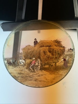 Magic Lantern Victorian Glass Round Handpainted Slide Gathering of Hay (1124)