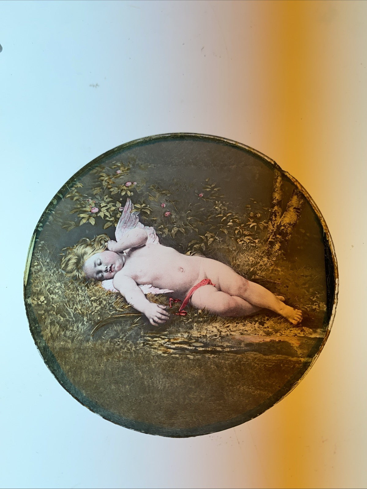 Magic Lantern Victorian Glass Round Handpainted Slide Sleeping Cherub (1134)