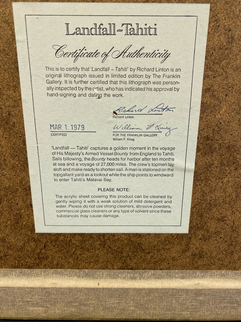 Richard Linton Australian Original Signed Framed Lithograph Ship Tahiti (7366)