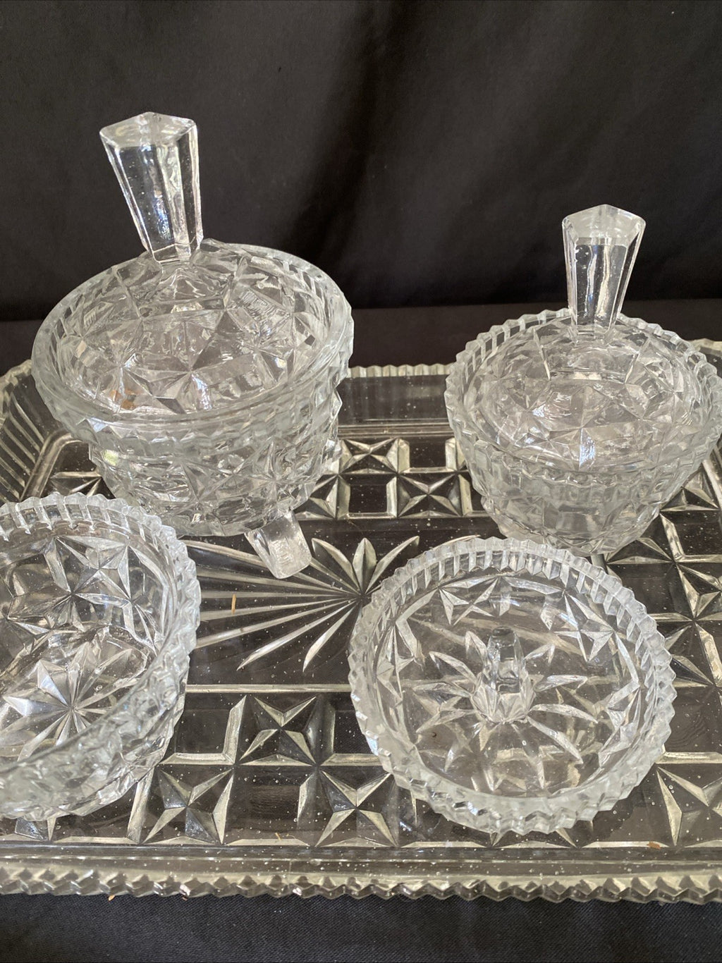 Vintage Pressed Glass Dressing Table Set Clear Tray, Ring Holder, 3 Pots (5457)