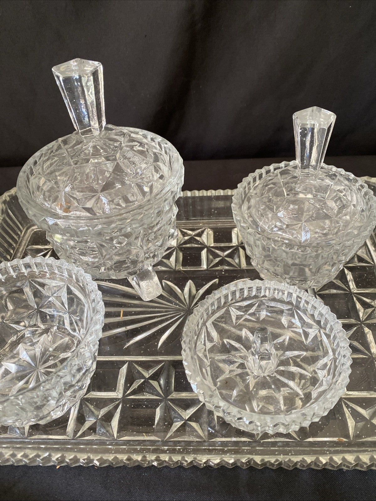 Vintage Pressed Glass Dressing Table Set Clear Tray, Ring Holder, 3 Pots (5457)