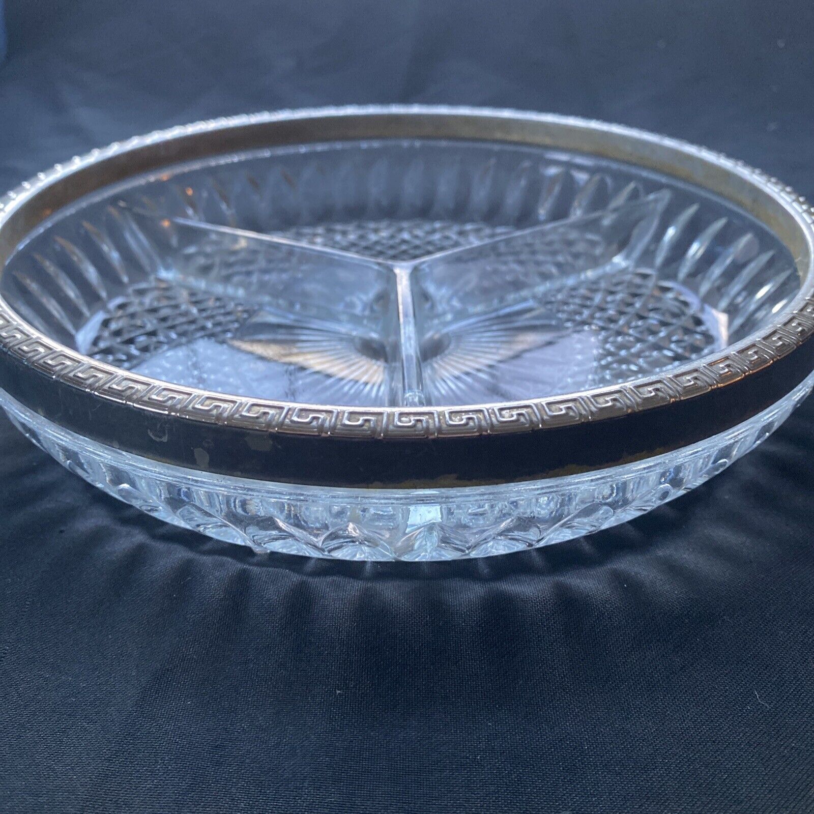 Vintage pressed glass segmented dish with white metal edge, heavy - (9612)
