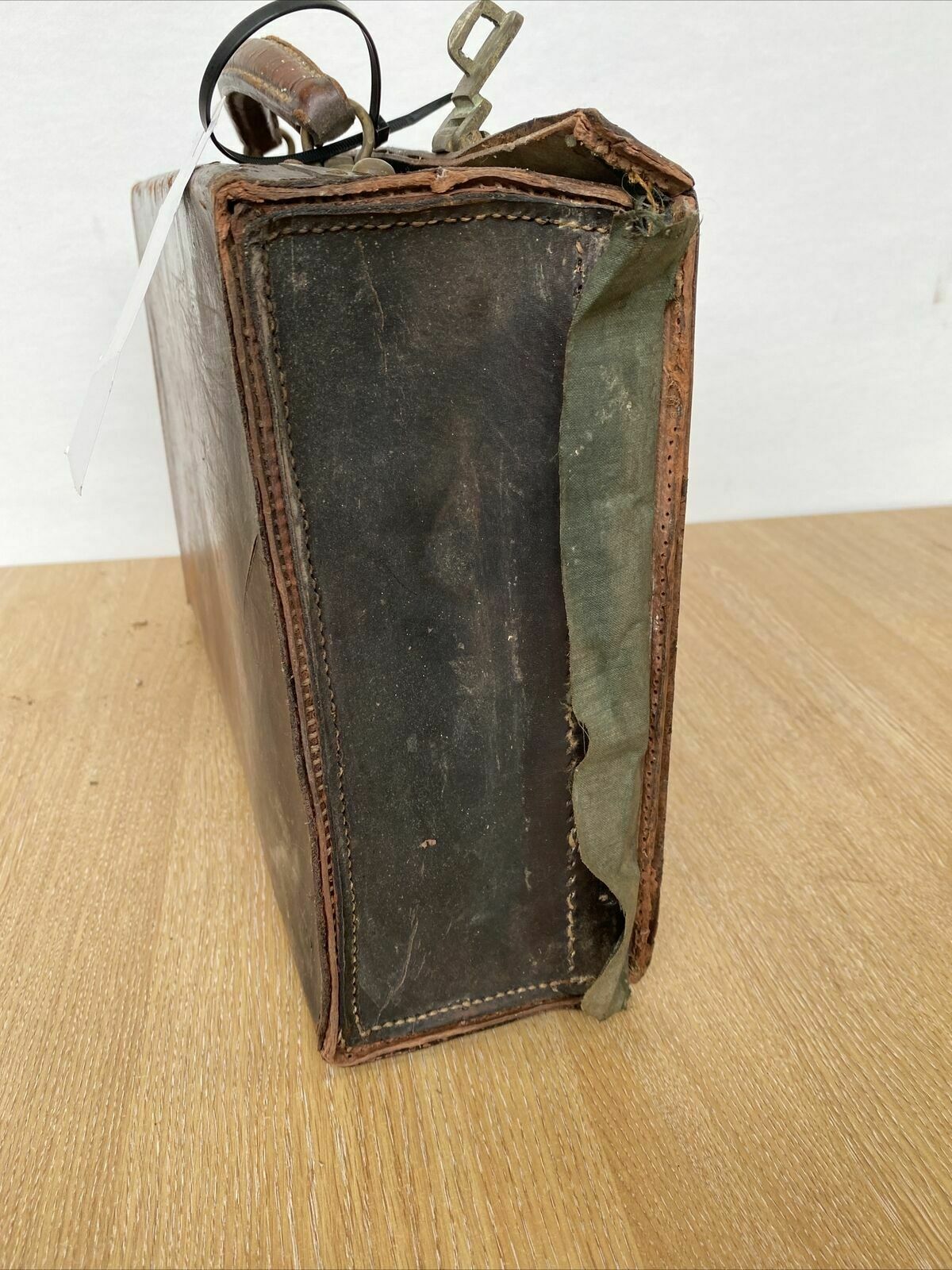 Antique Leather Briefcase- Heavy Leather needs work British made - (8299)