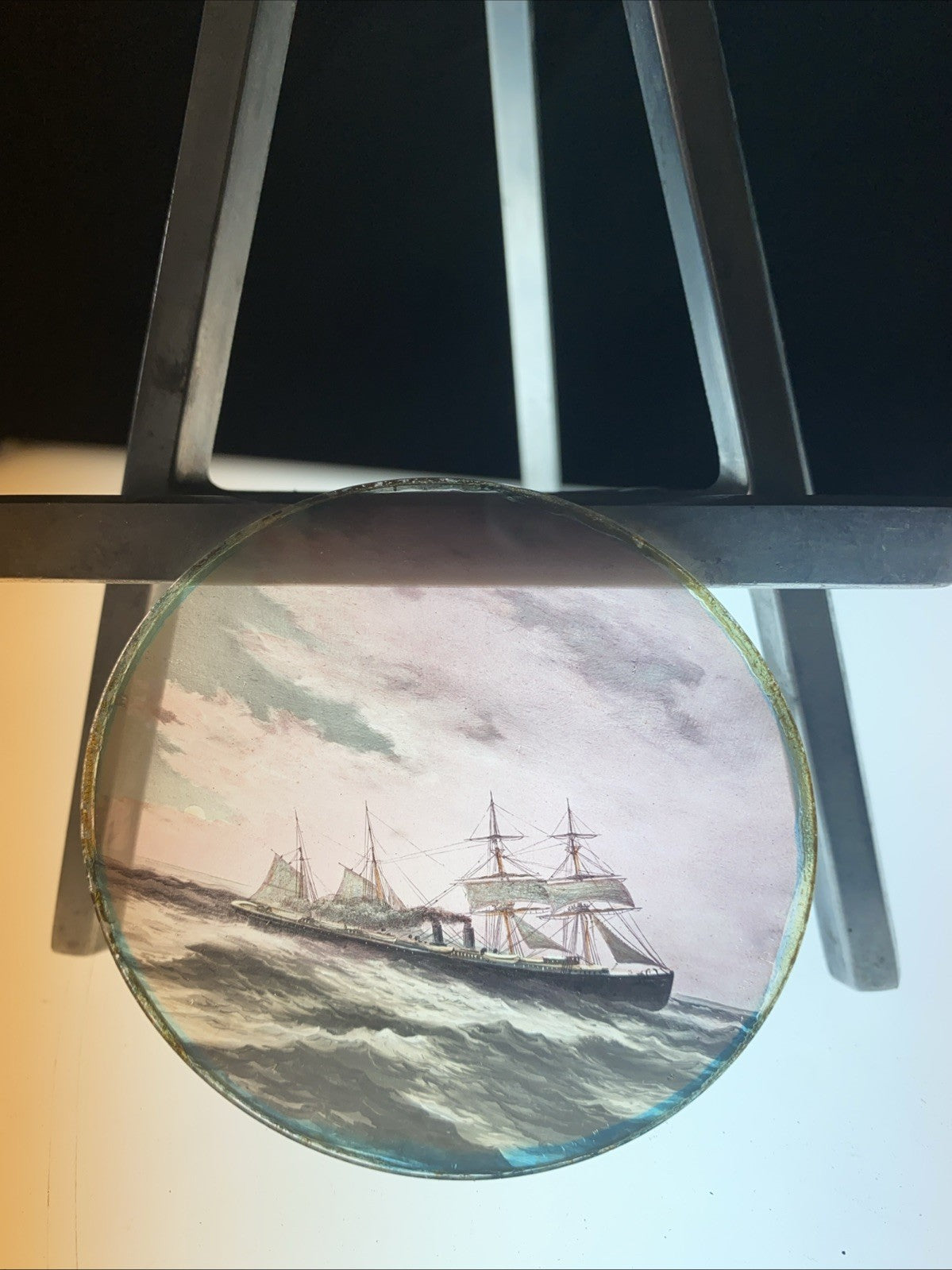 Magic Lantern Victorian Glass Round Handpainted Slide Ship at sea - (1083)