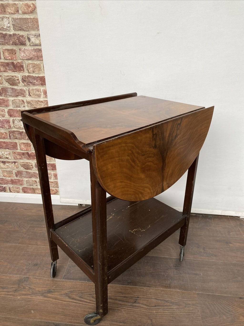 Antique Oak with walnut veneer Serving Trolley - Nice early solid trolley  drop leaf sides (8367