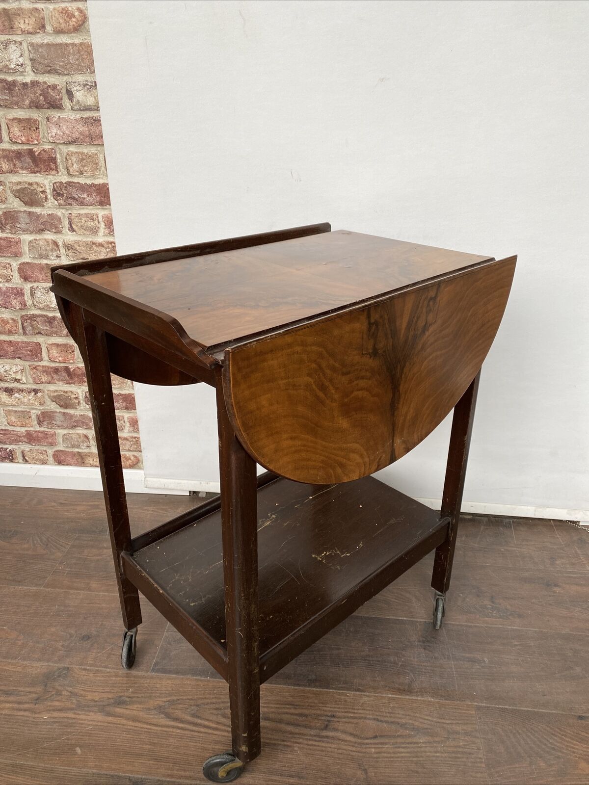 Antique Oak with walnut veneer Serving Trolley - Nice early solid trolley  drop leaf sides (8367