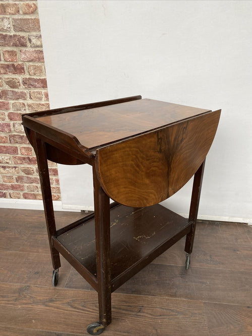 Antique Oak with walnut veneer Serving Trolley - Nice early solid trolley  drop leaf sides (8367