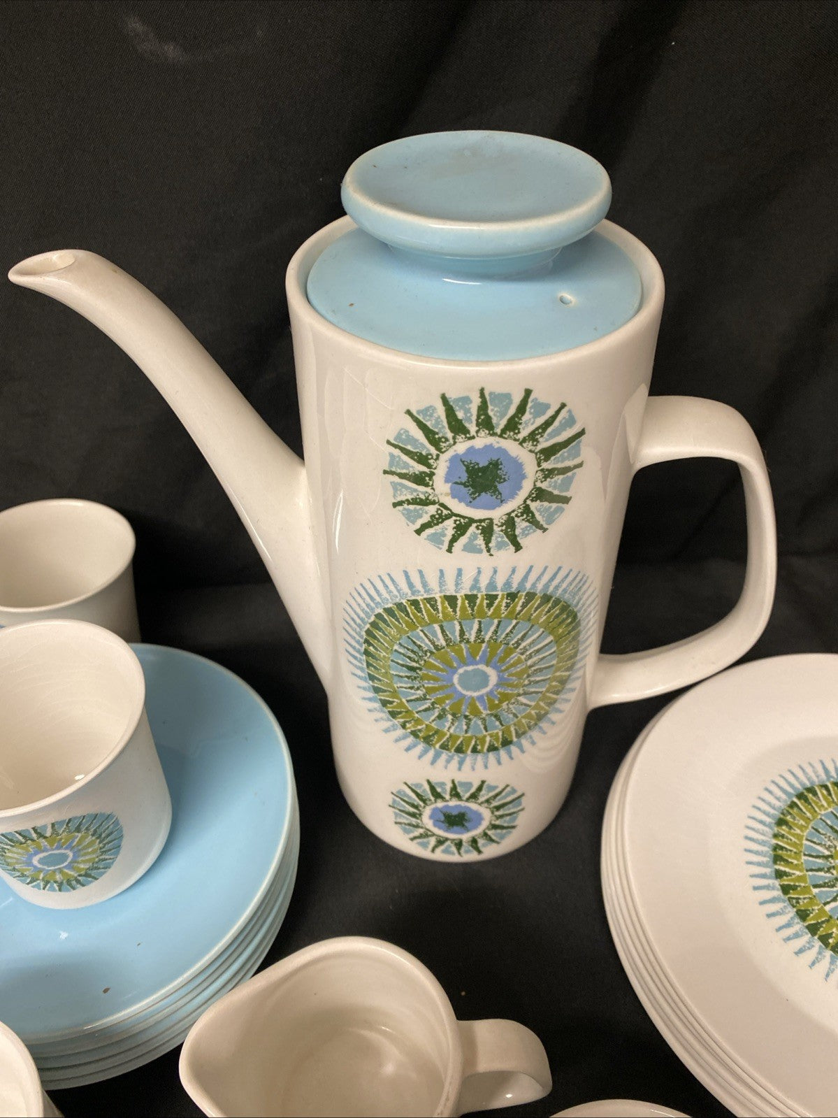 Vintage J & G Meakin 1960s Aztec coffee pot & 6 cups / saucers & milk jug Sugar Bowl